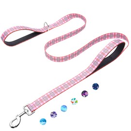 Fidohug 6ft Dog Leash with Two Padded Handles, Heavy Duty Strong Nylon Pet Leash with Soft Neoprene Handle for Small Medium Large Dogs, Pink Plaid