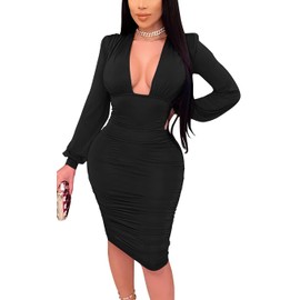 GOBLES Women's Sexy Deep V Neck Long Sleeve Ruched Bodycon Midi Party Dress Black