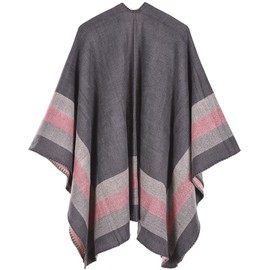 Womens Reversible Oversized Poncho Cape Blanket Shawl Cardigans (One Size, Stripe/Gray)