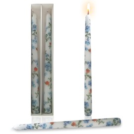 10 Inch Taper Candles Candlesticks Blue Flower Printed,2 Pack Handmade Unscented Dripless Tapered Candle for Wedding Home Decoration Holiday