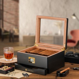 GLENCREAG MMT-3041 Cigar Humidor Box for 25 to 55 Counts, See-Through Design with Spanish Cedar Lining & Divider, Digital Hygrometer, Accessory Drawer & Humidifier, Gift for Cigar Lover (Ebony)