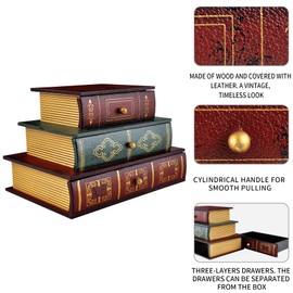 POWER UNICO FLOWER Vintage Decorative Organizer Wooden False Book Storage Box Jewelry Box with Three-layer Drawers (312)