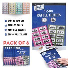 CARESTARZ 1-500 raffle tickets books - 6 x Books of cloakroom tickets - Lucky Draw Tombola Draw, Prize Draw and Charity Events.