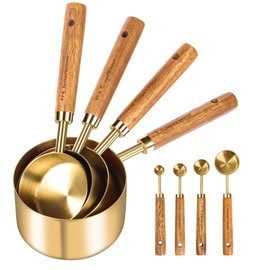 GuDoQi Measuring Cups and Spoons Set of 8, Wood Handle with Metric and US Measurements, Premium Stainless Steel, Golden Polished Finish, Dry & Liquid Measuring Cup for Cooking and Baking