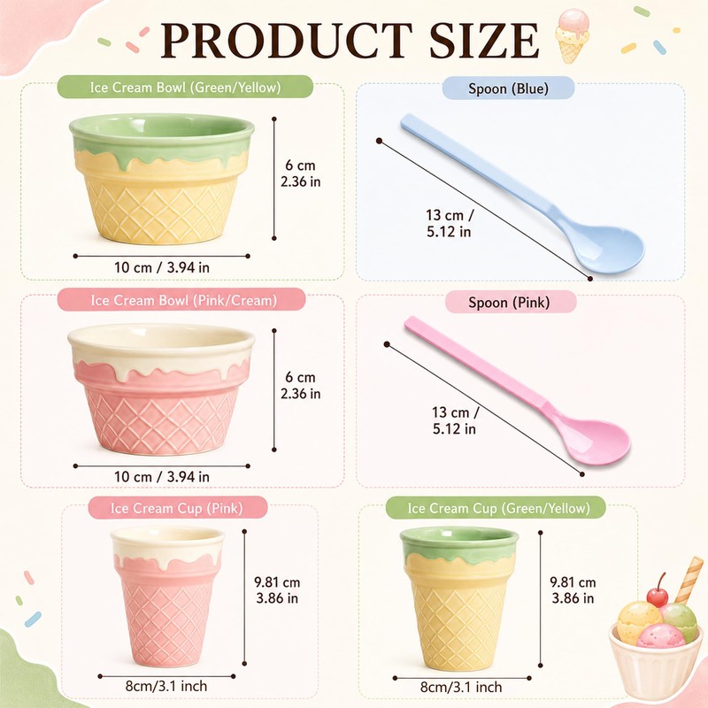 4 Pcs Ice Cream Ceramic Cone Bowls with 40 Spoons