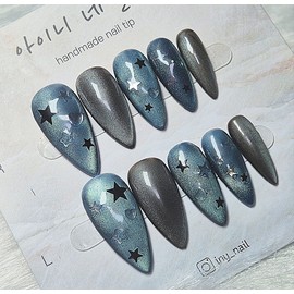 [In-store special discount] Y2K Unique Blue Cosmic Nail Tips - Almond / [입점초특가할인]Y2K 유니크한 블루 우주네일팁 - 아몬드