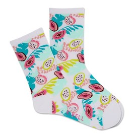 K. Bell Socks Ladies Tropical Floral Crew Sock 1 pair per pack, White, Women's shoe size 4-10