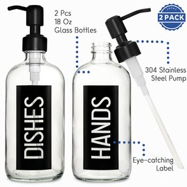 JASAI 2Pack 18OZ Glass Soap Dispenser with Black Stainless Steel Pump, Kitchen Soap Dispenser with Classy Black Hands & Dishes Label, Refillable Dish Soap Dispenser for Kitchen.(Blk with Blk Pump)