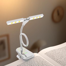 Portable rechargeable LED reading lamp, with 3 color temperature memory function to protect eyesight, 8-level dimming, 360° rotating lamp pole, can be clamped onto books for studying and reading.