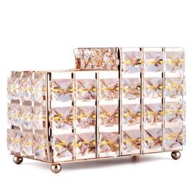 K COOL Crystal Makeup Brush Holder 2 Slot Hexagon Cosmetics Brush Eyeliner Display Cup Home Decorative Makeup Organizer Tabletop Candle Pen Pencil Pot Holder for Office Hotel Dresser Bathroom (Gold)