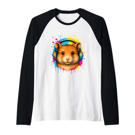 Hamster in Headphones Color Splash – Cute DJ Animal Art Raglan Baseball Tee