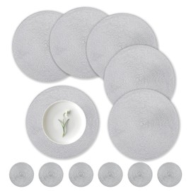 wiipara Round Woven Placemats Set of 6 Heat Resistant Round Braided Table Mats, 34 cm Washable Table Placemats and Coaster Sets for Dining/Kitchen Table, Party, Wedding (Grey)