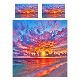 ANHOPE Sunset Beach Duvet Cover Set Soft Lightweight Microfibre Polyester 3 Piece Bedding Set with 2 Pillowcase Coastal Seaside Ocean Print Pattern All Season Quilt Cover with Zipper Closure Single