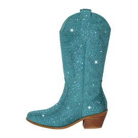 richealnini Sparkle Embroidered Rhinestone Wide Mide Calf Boots for Women Cowgirl Cowboy Boots with Zippers Western Bling Bling Crystal Almond Toe Stacked Heeled Bridal Party Dress Blue Size 9