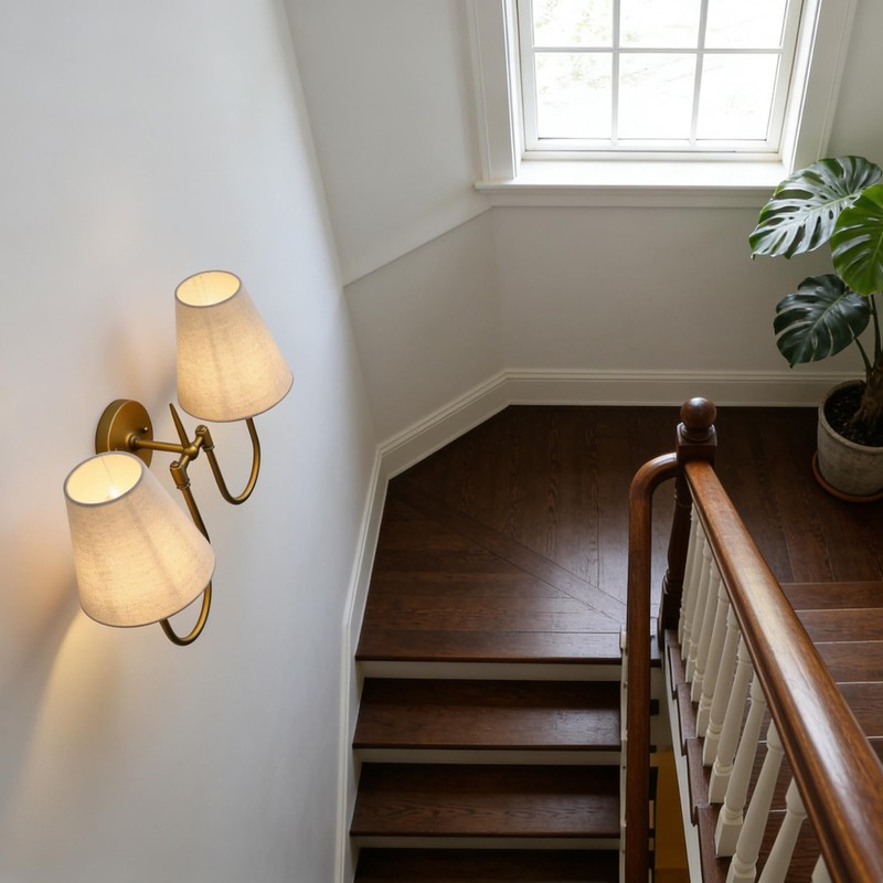 Pathson 2-Lights Linen Fabric Wall Sconce Light, Hardwired Double Curved