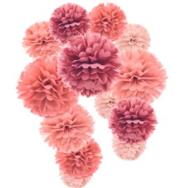 Dusty Rose Blush Pink Mauve Tissue Paper Pom Poms Flower for Baby Shower Valentine's Day Birthday Wedding Bachelorette Party Decoration, 12pc