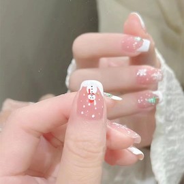 24Pcs Christmas Press on Nails Short White French Tip Fake Nails Square Shaped Snowflake Xmas Trees Designs Nude Pink False Nails Stick on Nails for Women Acrylic DIY Winter Holiday Nail Decorations