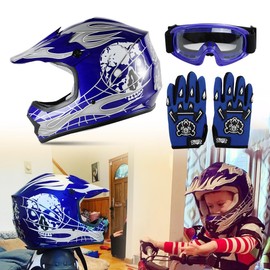 SLMOTO DOT Youth & Kids Motocross Offroad Street Helmet Blue Skull Motorcycle Youth Helmet Dirt Bike Motocross ATV Helmet+Goggles+Gloves Medium