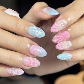 Handmade 3D Press on Nails Medium Almond Pink Gel Acrylic Nails Press Ons Cute Fake Nails with Bow Flower Designs Summer False Nails Colorful Glue on Nails Light Blue Stick on Nails for Women 24Pcs