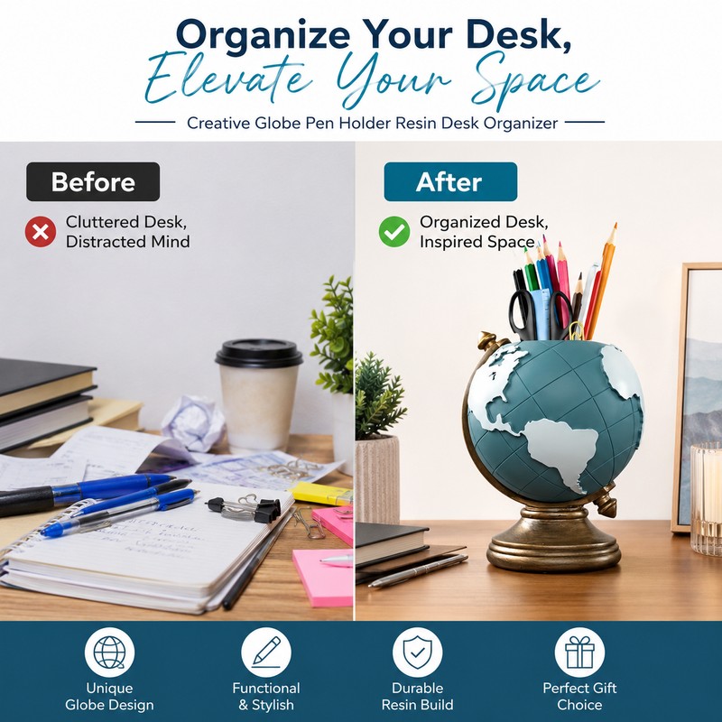 Globe Pen Holder for Desk Organization – Resin Geographic Pencil