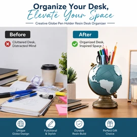 Globe Pen Holder for Desk Organization – Resin Geographic Pencil Cup for Office, Classroom & Home Decor