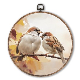 Hxlac Vintage Sparrow Round Wall Art Framed, Rustic Sparrow Birds Round Wall Decor, Farmhouse Bird Hanging Canvas Prints Wall Sculptures for Home Bedroom Living Room Decor, 10x10 Inch