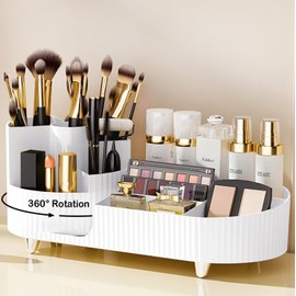 SIOOUI Drehbarer Make-up-Organizer, große Kapazität, Kosmetik-Vitrine für Schminktisch, große Kapazität, Kosmetik-Vitrine mit Make-up-Pinselhalter, Kosmetik-Organizer, Arbeitsplatte (weiß)
