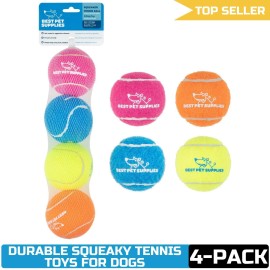 Best Pet Supplies Squeaky Tennis Toys 4-Pack for Dogs, Heavy-Duty Interactive Fe