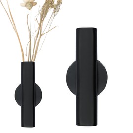 AUXBC 7" Wall-Mounted Flower Tube, Wall Mounted Open Vase, Wall Metal Flower Tube Decoration Holder for Flower Display, Home Office Living Room Bedroom Decoration with Adhesive Material, 2pcs(Black)