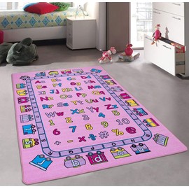 CR’s Kids/Baby Room/Daycare/Classroom/Playroom Alphabet Numbers (A-Z and 1-9) Train Educational Fun PLAYROOM Non-Slip Pink Purple Rug - Gift for Children Baby Bedroom Play Room Game Play Mat