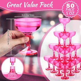 Zopeal Champagne Glasses 5 oz Unbreakable Plastic Martini Glasses Disposable Wine Cups Stackable Stemmed Champagne Coupe Shatterproof Party Stem Cups for Wedding Birthday Bar (Hot Pink,50 Pcs)