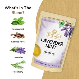 BREWIX, Lavender Mint (25 Pyramid Tea Bags) | Herbal Tea Bags, Caffeine Free, Lavender Mint Tea, Lavender Tea Bags with Peppermint and Rosemary