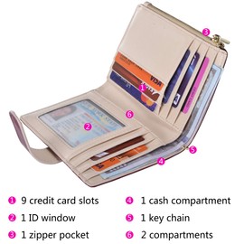 Womens Wallets RFID Small Compact Bifold Leather Card Holder Zip Pocket Keychain (Purple/Beige)