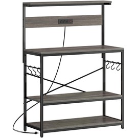 SUPERJARE Bakers Rack with Power Outlets, Microwave Stand, 39.4 X 14.3 Inch Larger Desktop, Kitchen Storage Rack with Adjustable Middle Shelf, 6 S-Shaped Hooks, Coffee Bar Stand, Grey
