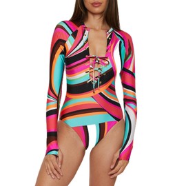 Trina Turk Women's Standard Swoop Long Sleeve One Piece Swimsuit, Plunge Neck, Bathing Suits, Multicolor