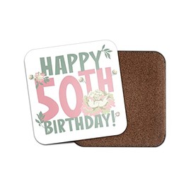 Square Single Coaster - 50th 50 Fifty Fiftieth Happy Birthday Floral Flowers Women Girls Gift #77789