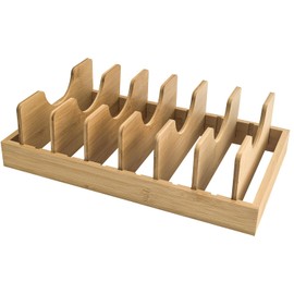 SUGOOE Bamboo Pot and Pan Organizer, Pot Lid Organizer Pot Lid Holder with 7 Adjustable Dividers, Multifunctional Kitchen Storage Rack for Pots, Pans, Baking Sheets, Cutting Boards