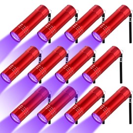 Riakrum 12 Pieces Blacklight Flashlights LED UV Handheld Mini Black Light Flashlight Small Portable UV Light Detector UV Flashlight 395nm 9 LED Light, Not Included Battery (Red)