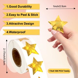 Gold Star Stickers 500pcs Holographic Star Stickers for Kids Reward Glitter Foil Star Sticker Roll 1" Self Adhesive Metallic Star Label Sparkly Sticker for Behavior Chart DIY Craft Teacher Supplies