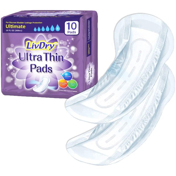 LivDry Incontinence Ultra Thin Pads for Women | Leak Protection and Odor Control | Extra Absorbent (Ultimate 10-Count)