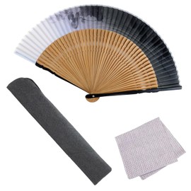 Osaka Choseido Folding Fan, Men's, Stylish, Business, Folding Bag, Handkerchief Included, Set with Short Tanchi Seifu, gray