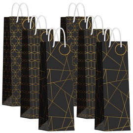 Gold Wine Gift Bags - Set of 6 - Assorted Black & Gold Gift Bags With Handles + Name Tags. - Modern Geometric Metallic Gift Bags - Perfect for Christmas, Birthdays, Anniversaries, Bridal Showers, Thank You Gifts, Housewarming Dinner Party, Weddings, & more! - 6 Pack