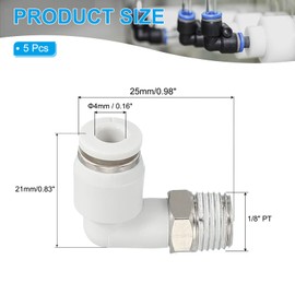 PATIKIL Push to Connect Fitting, 5 Pack Pneumatic Air Elbow Quick Connector 1/8" PT Male Thread x 4mm Tube 90 Degree Connect Tubing Elbow Air Tube Fitting Pneumatic Quick Adapter, White
