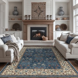 Bavni 5x7 Area Rugs for Living Room, Floral Rug Machine Washable Non Slip, Vintage Boho Forest Carpet, Soft Low Pile Thin Lightweight Rugs for Bedroom, Farmhouse, Dining Room Office, Blue/Beige