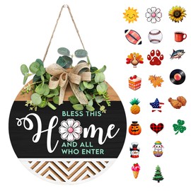 GOSSBY Interchangeable Welcome Sign for Front Door - BLESS THIS HOME - Seasonal Rustic Wood Wreath - Hanging Wall Sign Decoration for Outside, Porch, Farmhouse - New Home, Housewarming Gift