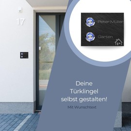 '2 Double Door Bell with Bell natural slate "Twin Side LED Door Bell Push and Name Engraving Engraving Fine Gift Wedding Gift Birthday Gift [Energy Class A + +]