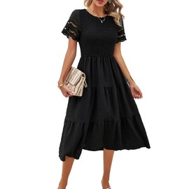 SEMATOMALA Women's Smocked Short Sleeve Maxi Dress Modest Crewneck Flowy Tiered Wedding Guest Long Dress BL-M Black
