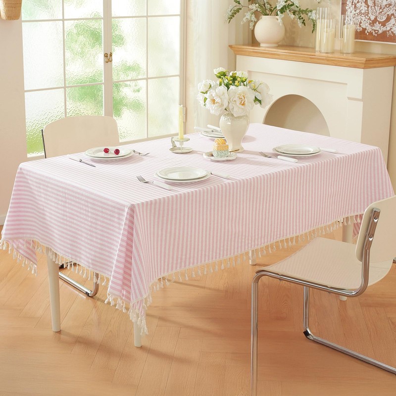 meioro Striped Tassel Table Cloth Square Kitchen Tablecloth, Pink, 90×90cm