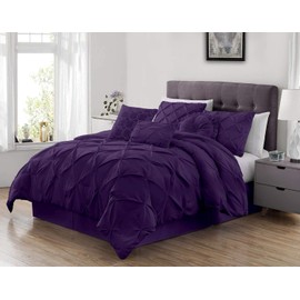 Chezmoi Collection Sydney Dark Purple Comforter Set Extra Wide King Size 7-Piece Pinch Pleated Pintuck Comforter Lightweight Bedding for All Season