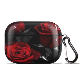 Generic Case Cover for AirPods Pro Red Rose and Black Leaf Flowers Full Body Protection Case Earphone Earset Case Hard PC Cover